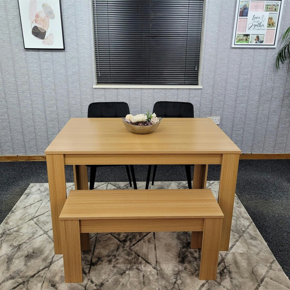image 1 of Dining Table Set Oak Effect Table With 2 Grey Velvet Dining Chairs And 1 Bench | Grey | One Size | 4
