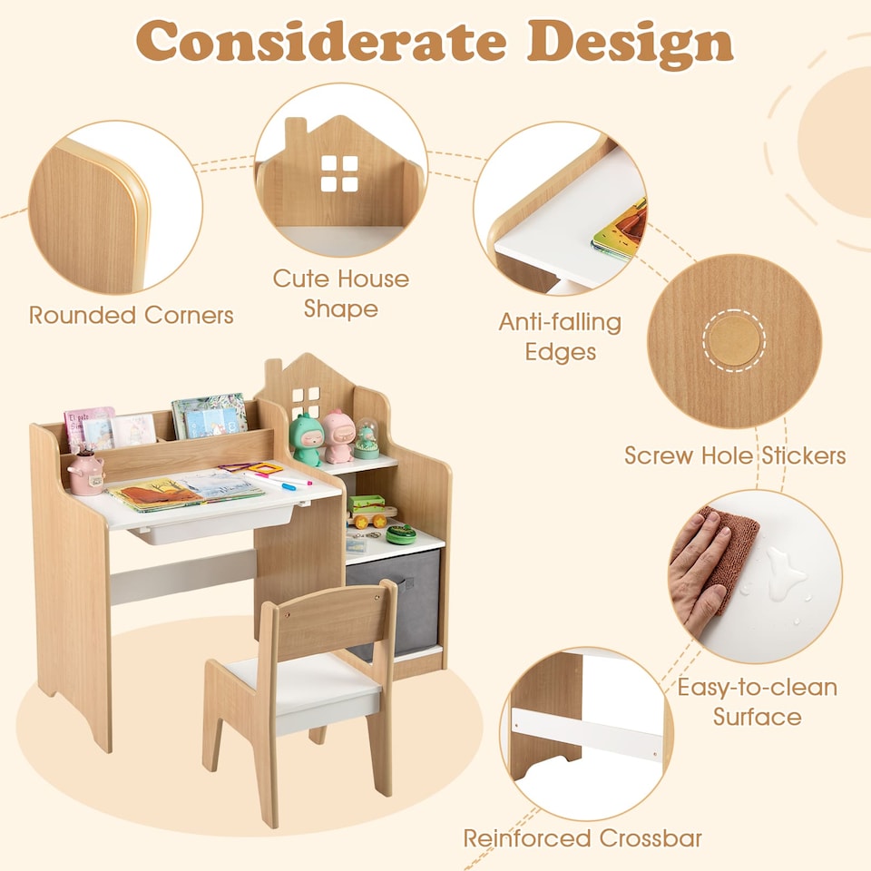 image 1 of COSTWAY Kids Study Desk and Chair Set Children Table Natural