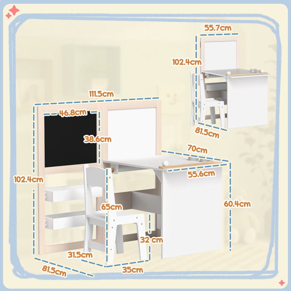 image 1 of AIYAPLAY 3 in 1 Kids Art Table and Chair Set with Storage Shelves, Foldable Blackboard, Whiteboard & Roll Paper, Toddler Table and Chair Set for 3-8 Years, White
