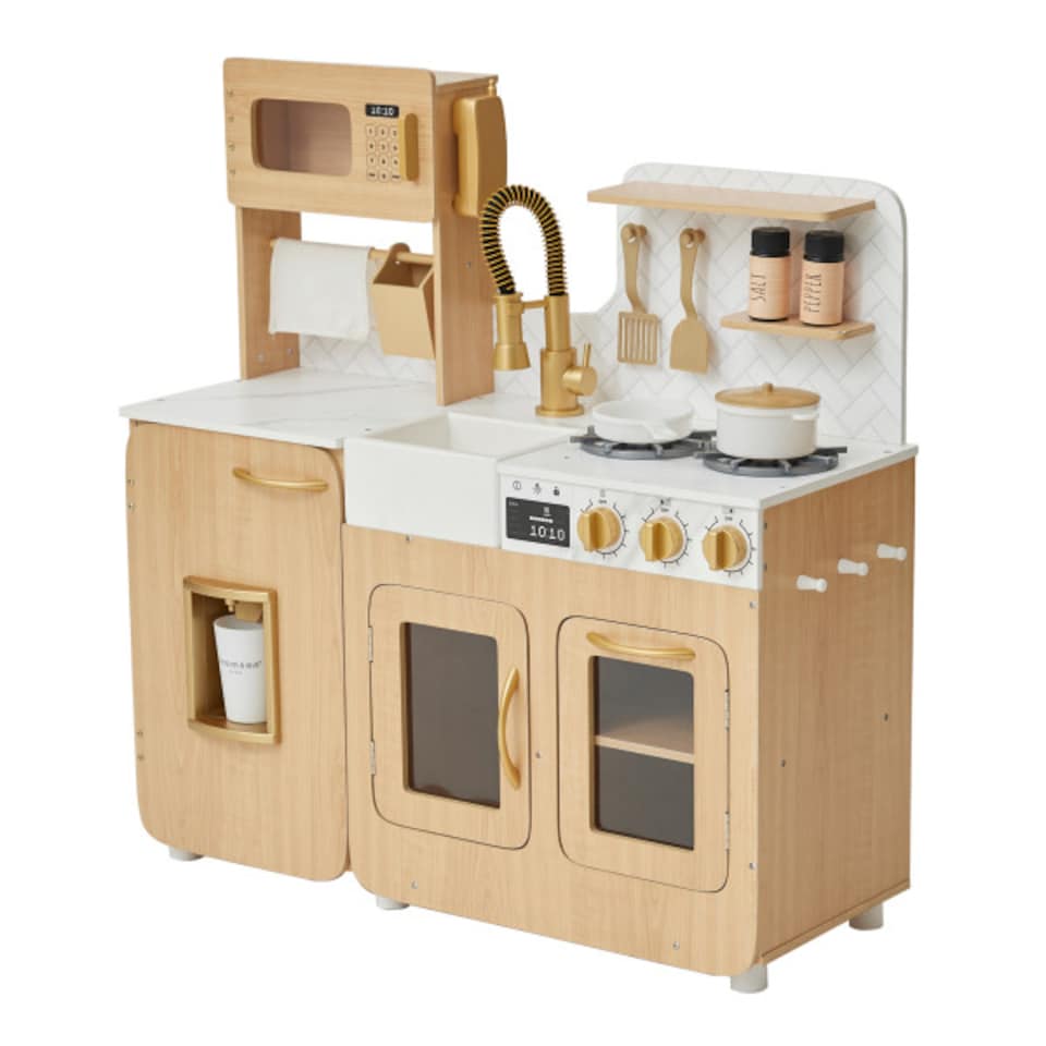 image 1 of Teamson Kids Little Chef Cyprus Wooden Play Kitchen in Oak with Marble Counter, 14 Accessories, Click Knobs, Shelves & Hooks