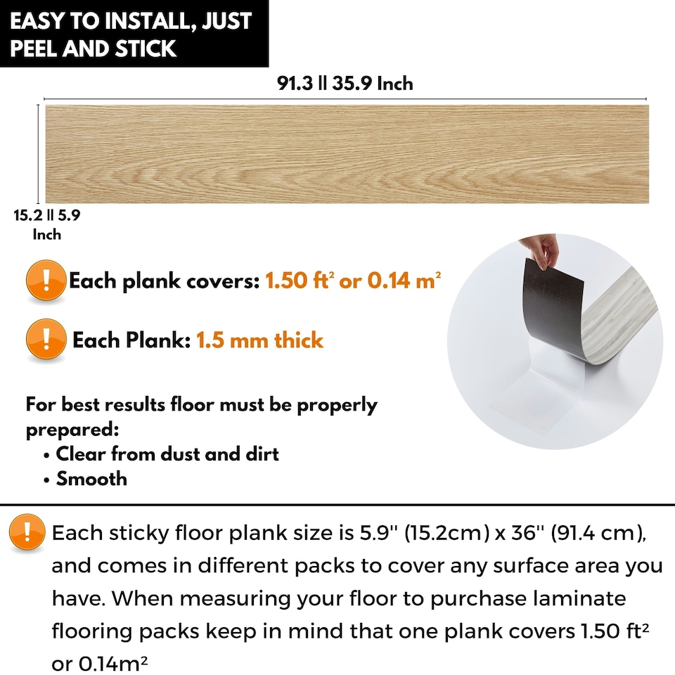 image 1 of NOVECRAFTO Self Adhesive Floor Planks | 5.9x35.9in (91.4x15.2cm) Each | Peel & Stick Vinyl Flooring | Natural Wood Effect | Waterproof DIY Tiles | Brown | 1.39 sqm