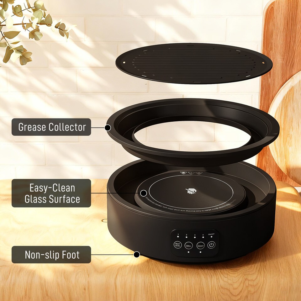 image 1 of HOMCOM Ceramic Hob with Grill Plate, 2 In 1 Design 36cm Plug in Electric Hob, 2000W Cooktop with 4 Heat Levels, LED Display, Grease Collector Pan, Infrared Heating for All Type Pot, 240V