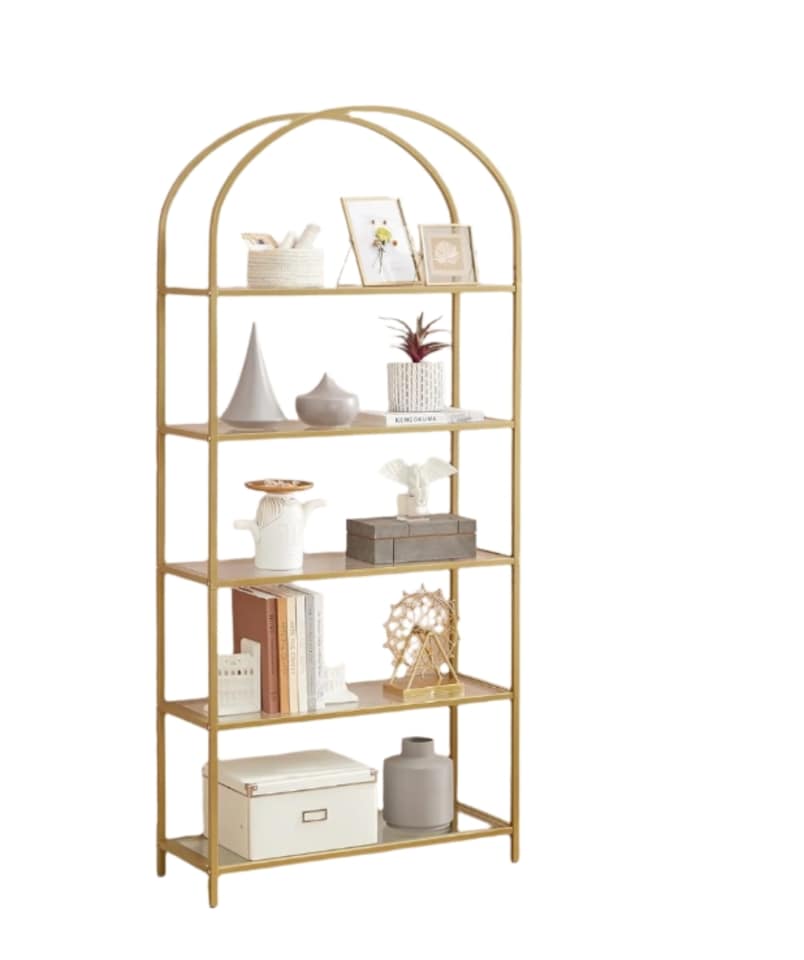 image 1 of 5 Tier Glass Shelf Arched Display Storage Unit with Steel Frame for Home Decor Use
