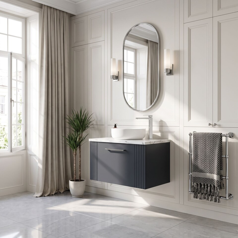 image 1 of Balterley Partial Fluted 1 Drawer Wall Hung Vanity Unit with Carrera Marble Laminate Worktop | Grey | Satin Soft Black | 2