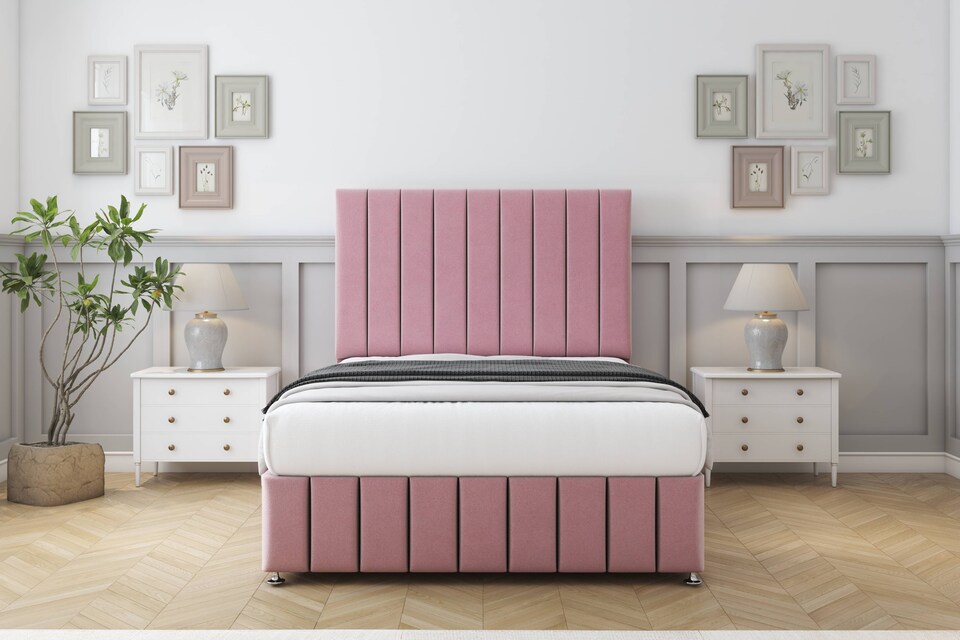 image 1 of Sloomy California Pink Plush Divan Bed Base 2 Drawers Right Side With 26 Inch Strutted Headboard & 12 Inch Matching Footboard | Pink | Pink | Single | 1