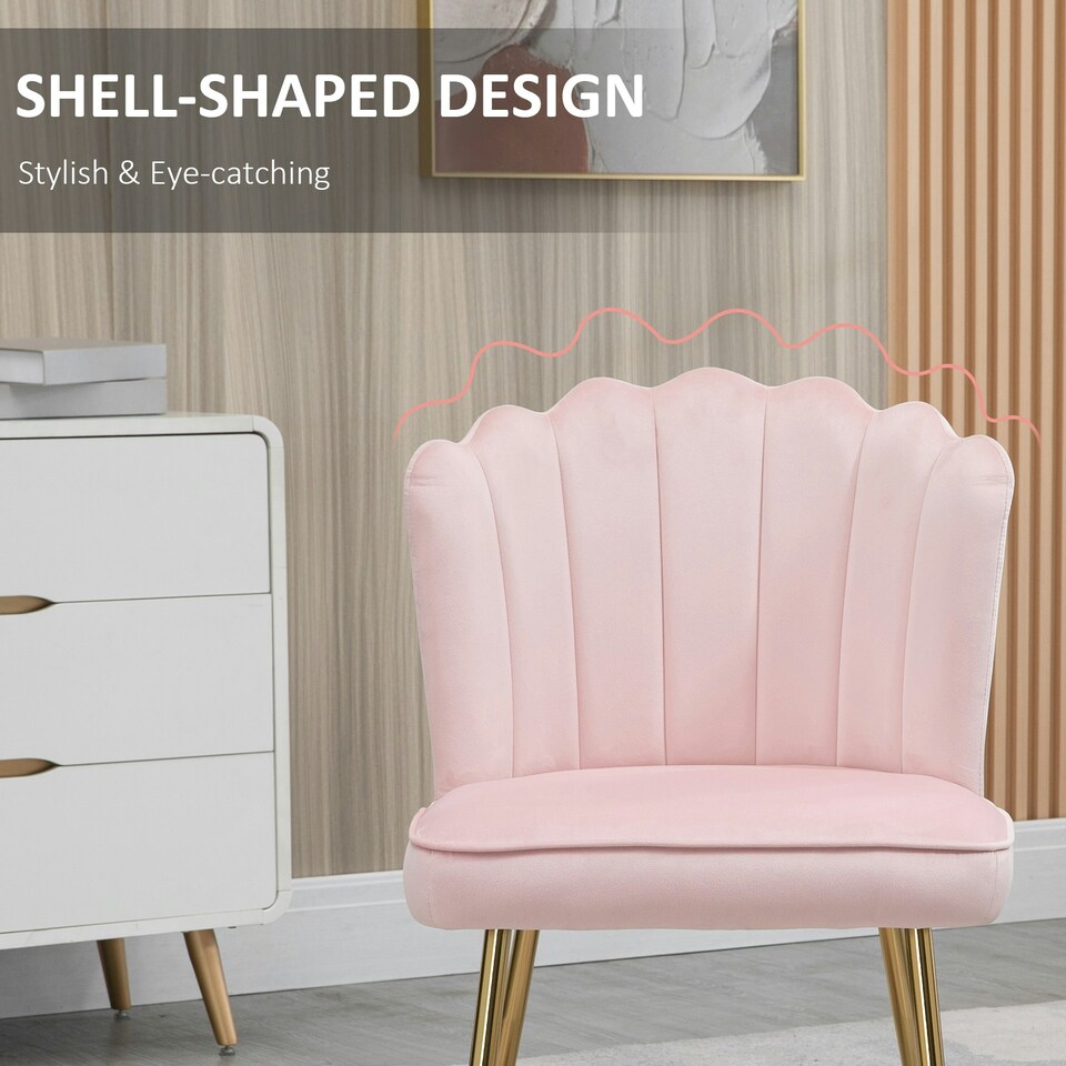 image 1 of HOMCOM Velvet-Feel Shell Accent Chair Home Bedroom Lounge Metal Legs Pink