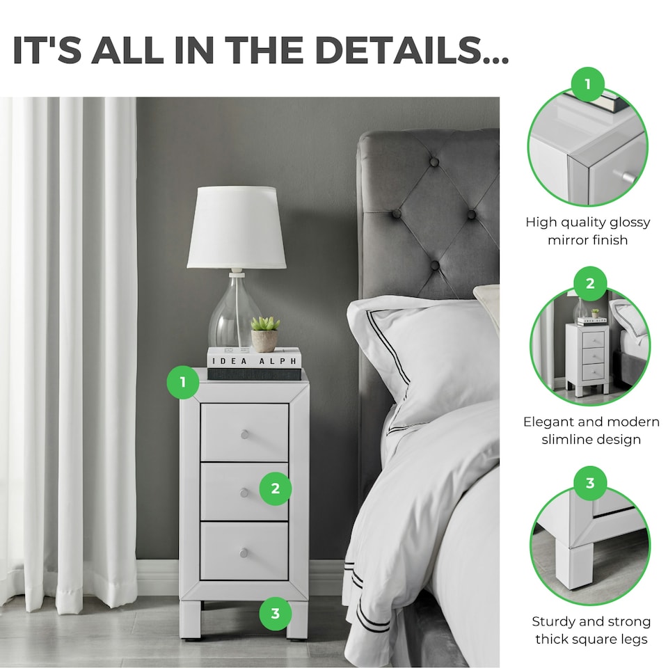 image 1 of Furniturebox Lexi Small Slimline White 3 Drawer Mirrored Bedside Table