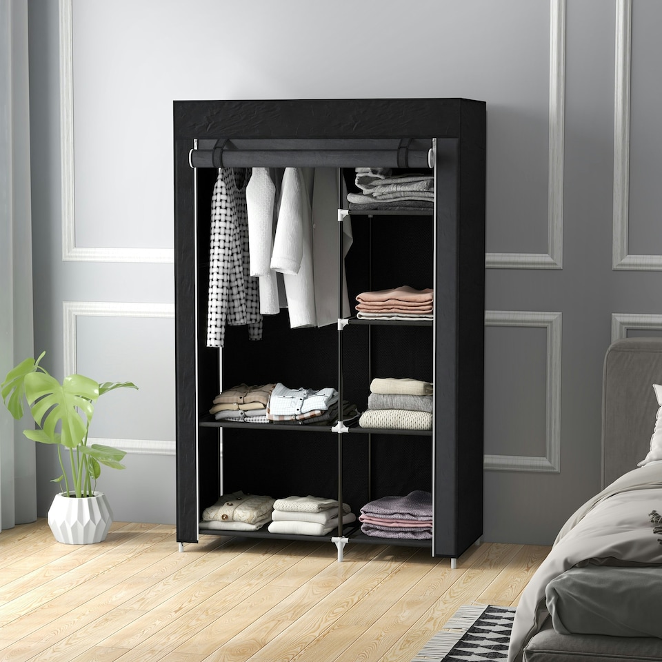 image 1 of HOMCOM Fabric Wardrobe w/ Shelves Hanging Rail Foldable Closets Light Grey