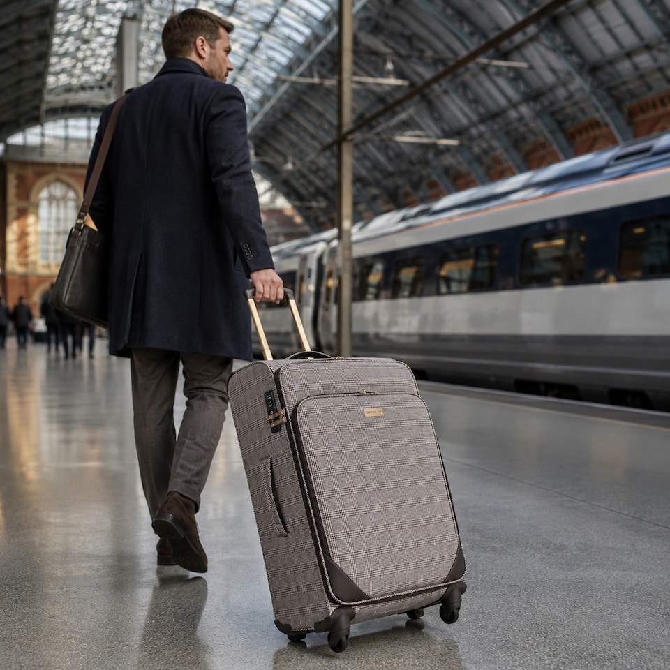 image 1 of London Fog Camberley Large Soft Shell Suitcase, 4 Wheel Checked Luggage, Brown
