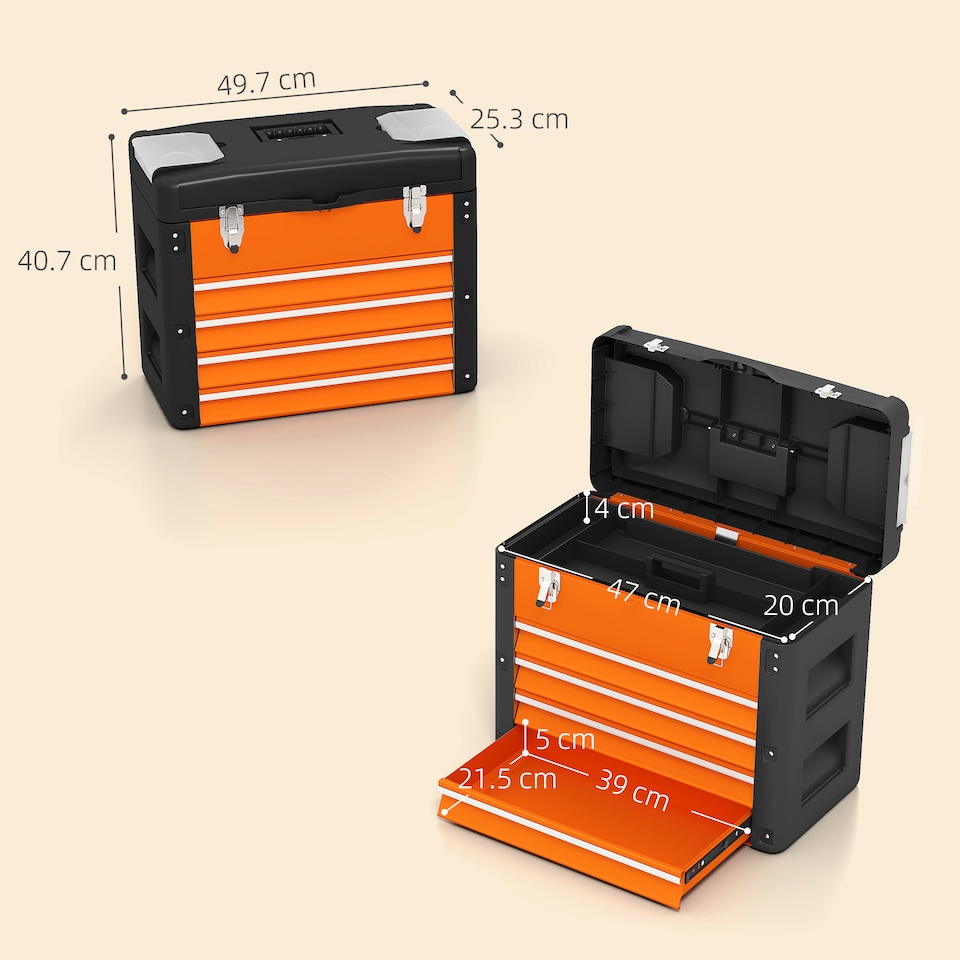 image 1 of HOMCOM 4 Drawers Large Tool Box, Powder Coated Steel Toolbowith Top Tray, Mini Parts Boxes, Ball Bearing Runners, Handle, Heavy Duty Tool Chest for Workshop, Garage, 497mm 253mm 407mm, Orange | Orange | Black | 1