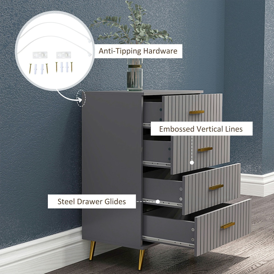 image 1 of HOMCOM Bedroom Chest of Drawers, 4-Drawer Dresser with Aluminium Legs