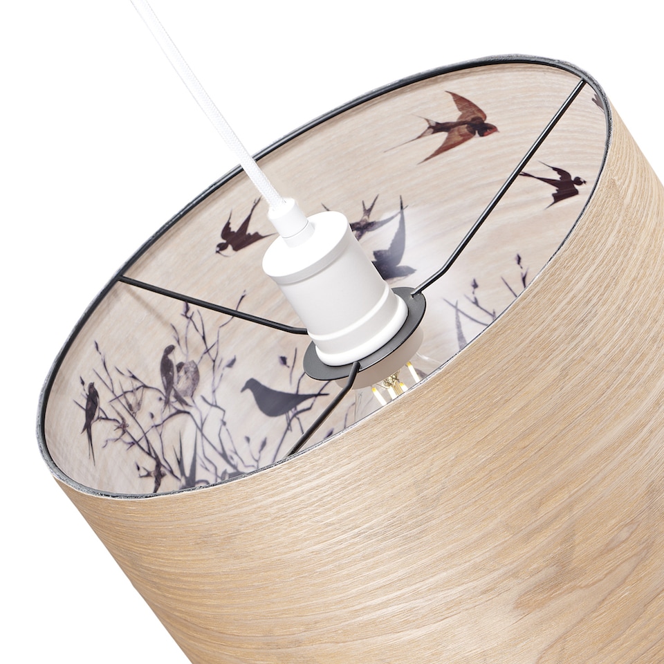 image 1 of Bamboo Wood Effect Lamp Shade with Inner Lining of Birds and Trees | Brown