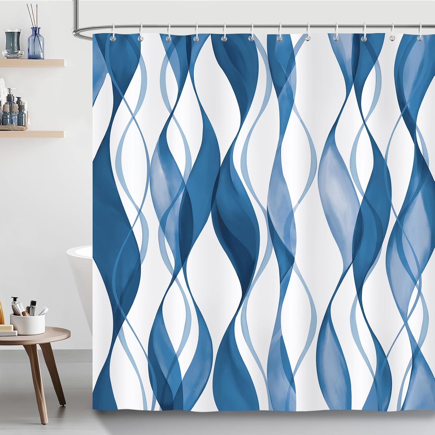 Navy Blue Striped Shower Curtain, Modern Minimalist Bathroom Curtain 180 x 180 cm Waterproof Mildew and Mould Resistant Polyester Fabric Bath Curtain