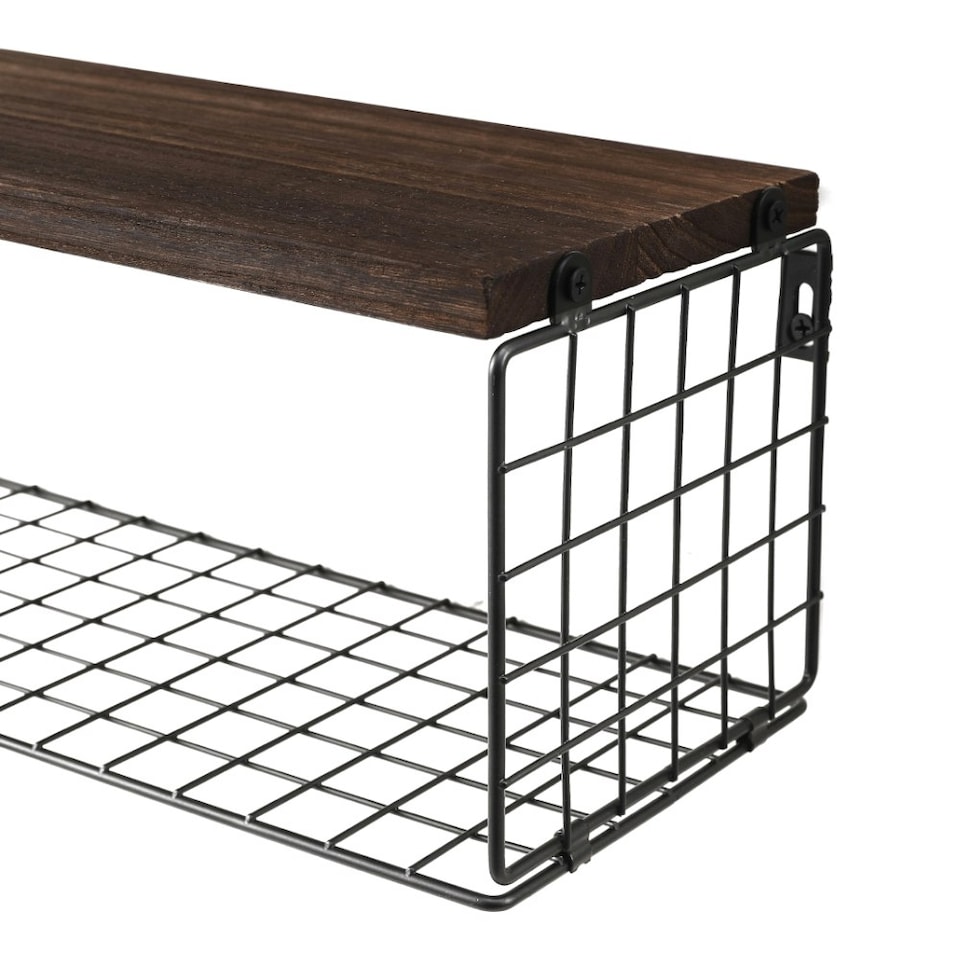 image 1 of Living and Home 3Pcs Wooden Wall Floating Shelves with Basket