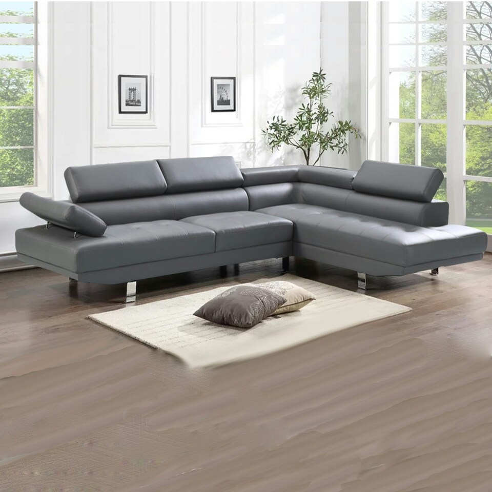 image 1 of Fidenza Leather Corner Sofa Adjustable Headrests, L-Shaped Sectional, Contemporary Living Room Seating, Right Hand Facing Grey