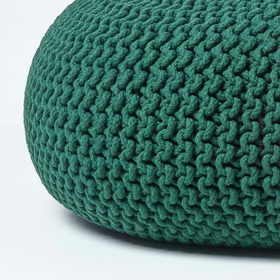 image 1 of Homescapes Forest Green Large Round Cotton Knitted Pouffe Footstool