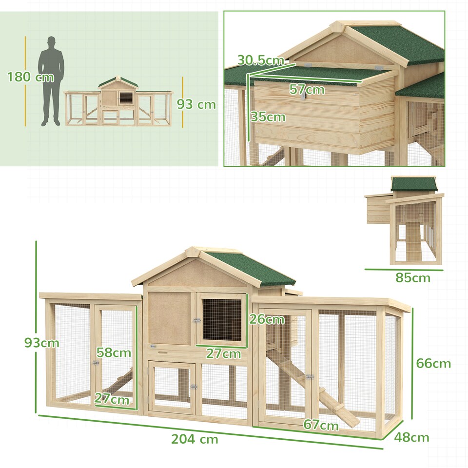 image 1 of PawHut Large Chicken Coop with Run Garden Hen House Poultry Coops Cages with Nesting Box Wooden 204 x 85 x 93cm, Natural Wood Finish