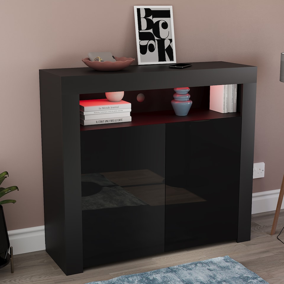 image 1 of Vida Designs Nova 2 Door LED Sideboard Buffet Cabinet Storage - Black | Black | 1