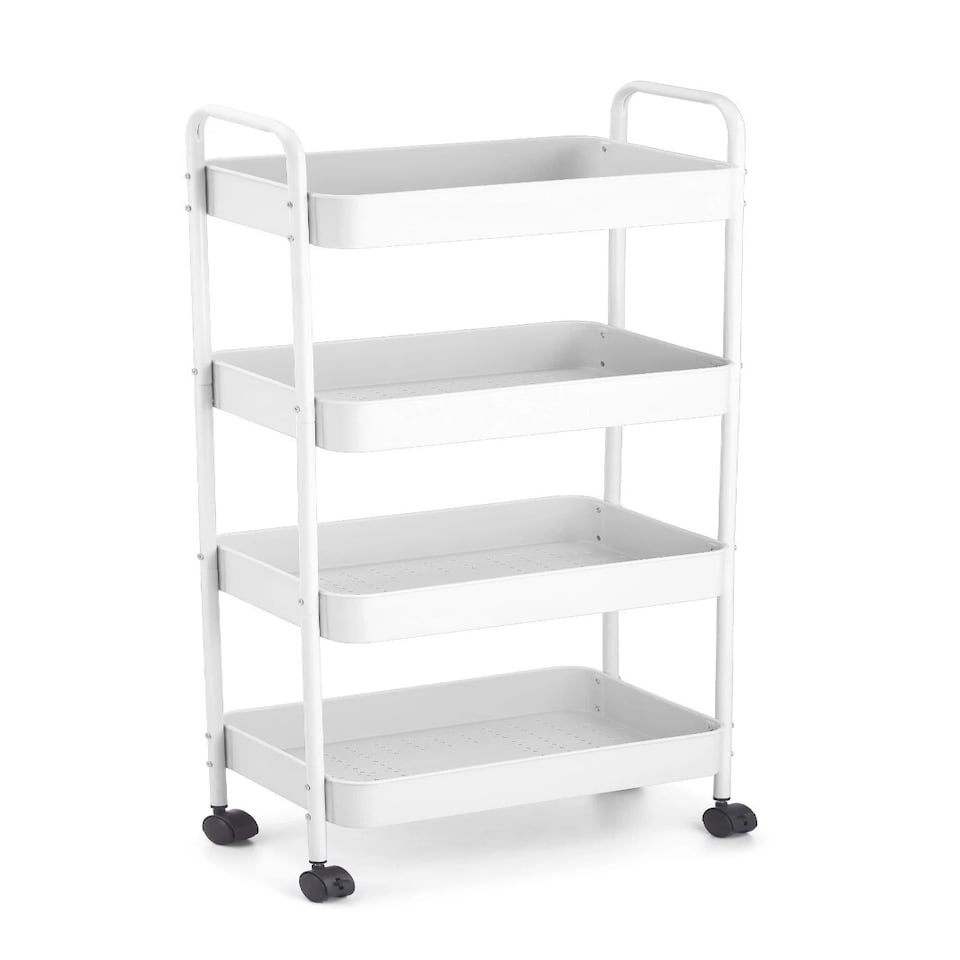 image 1 of Shelf Plastic Slim Storage Trolley Cart Castor Wheels Kitchen Organiser | White | White | 4 Tier White