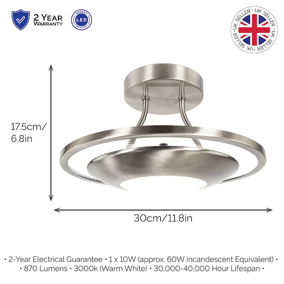 image 1 of Modernistic Semi Flush Energy Saving LED Ceiling Light Fitting in Satin Nickel | Silver