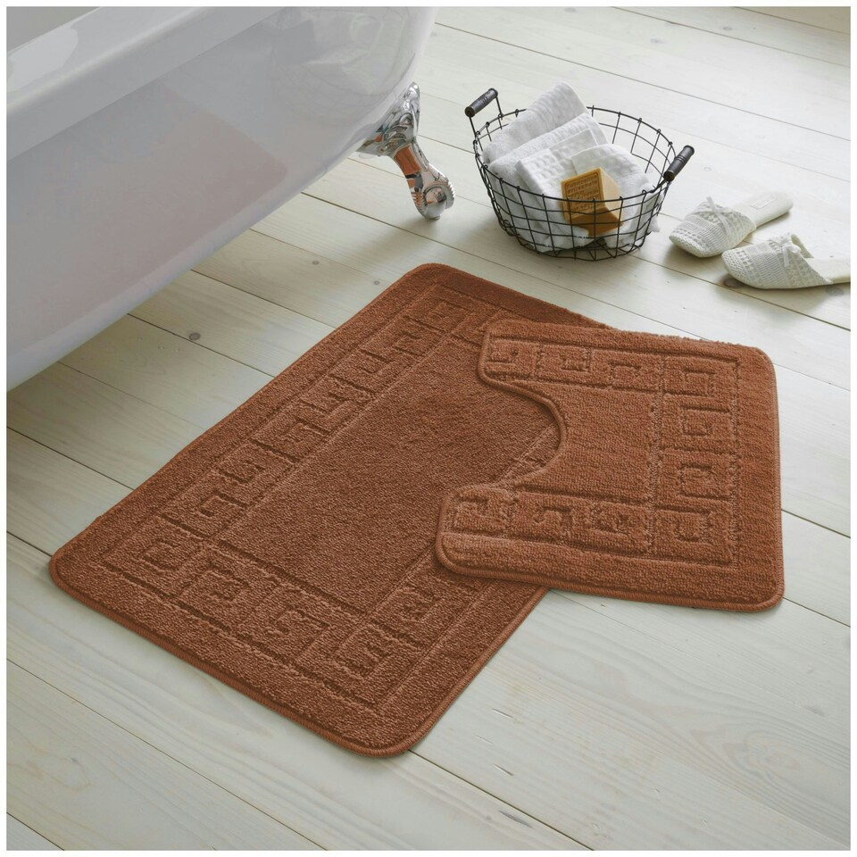 image 1 of VELVETIO Greek Bath Mat & Pedestal Mat Water Absorbent Non Slip Toilet Rugs Brown | Terracotta