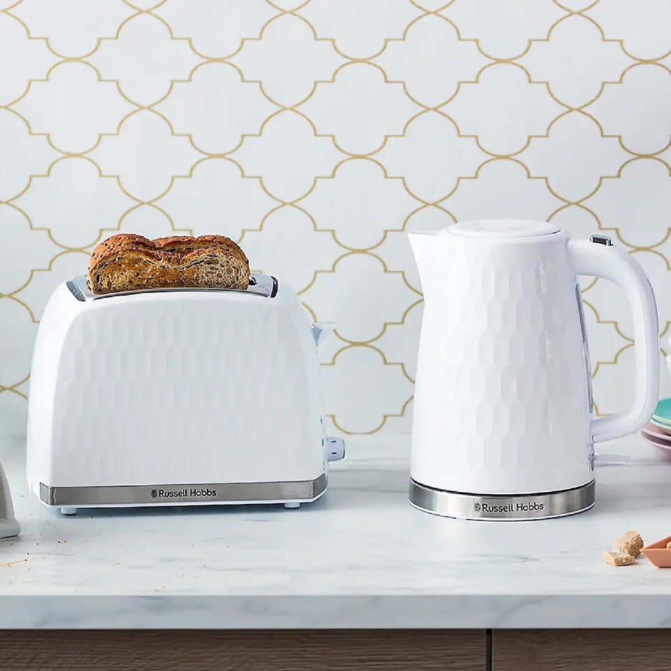 image 1 of Russell Hobbs Honeycomb Bundle Set with Kettle, 2 Slice Toaster, and Microwave White HCBNDL2W