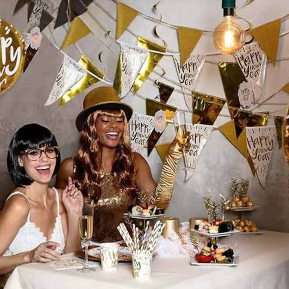 image 1 of Happy New Year White and Gold Biodegradable Round Paper Plates 23cm - Pack of 10
