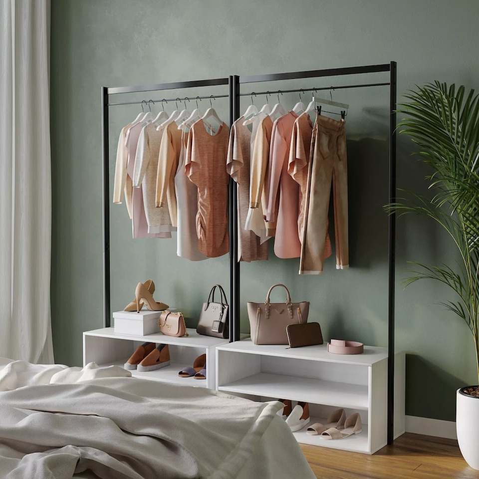 image 1 of Wooden Shoe Rack Shelf Storage and Metal Clothes Coat Garment Hanging Display Rail | White | White