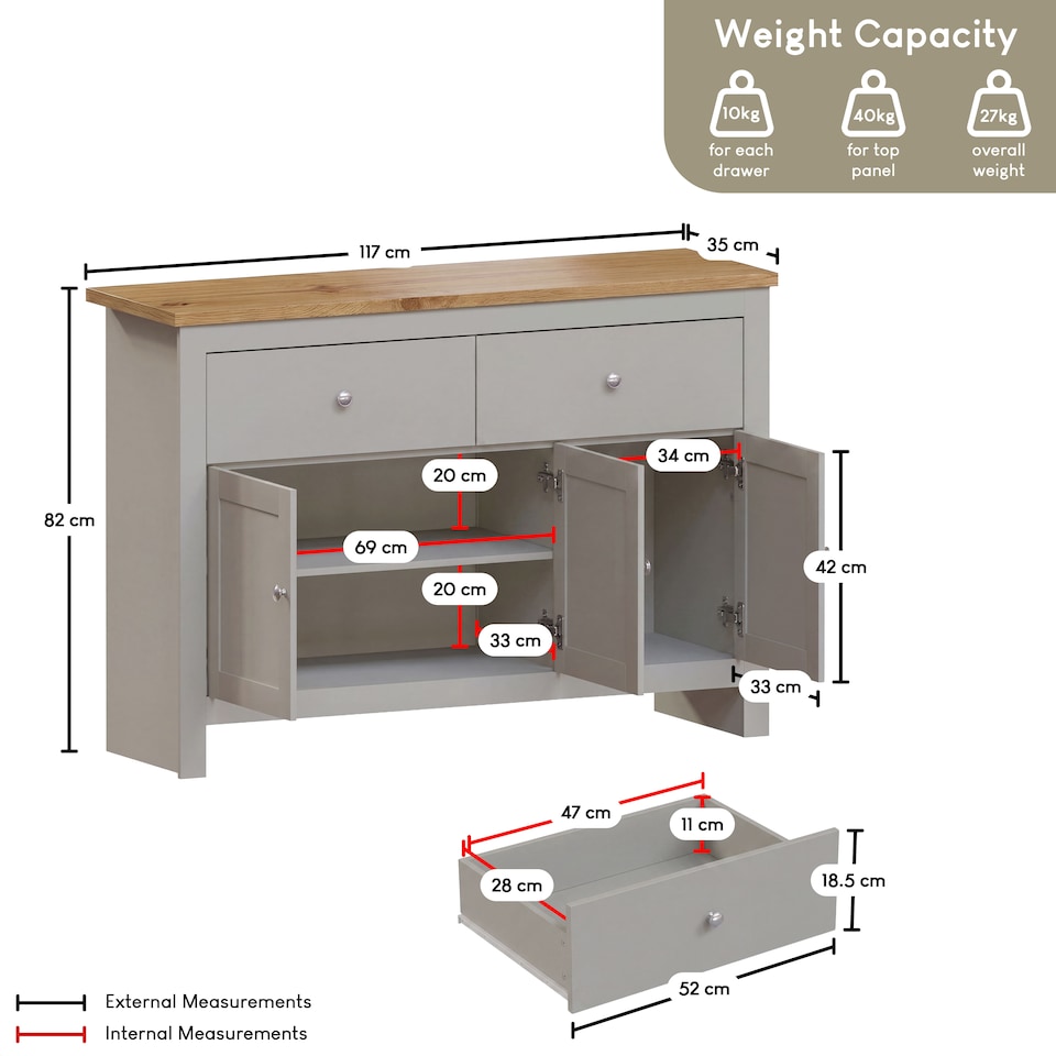 image 1 of Vida Designs Arlington 2 Drawer 3 Door Sideboard Shaker Buffet Cabinet Storage, Grey & Oak | Grey | Grey & Oak | 1