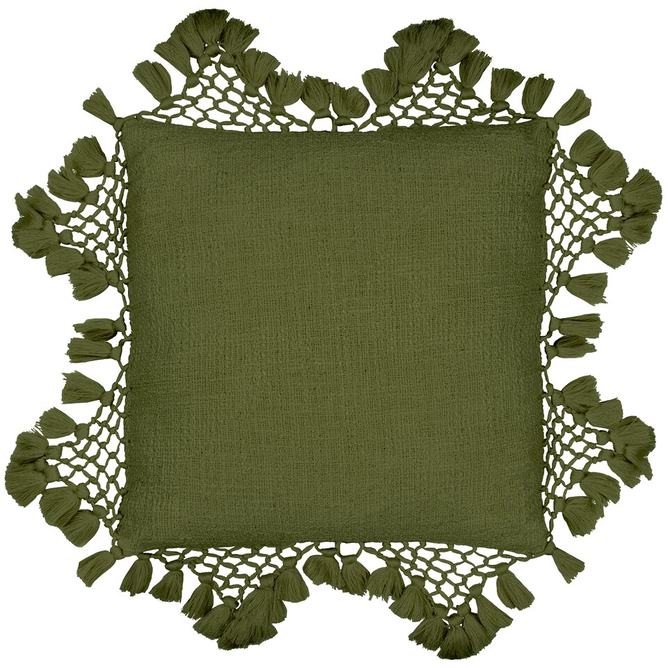 image 1 of Yard Anko Macramé Tassel Cushion, Khaki, 45 x 45cm