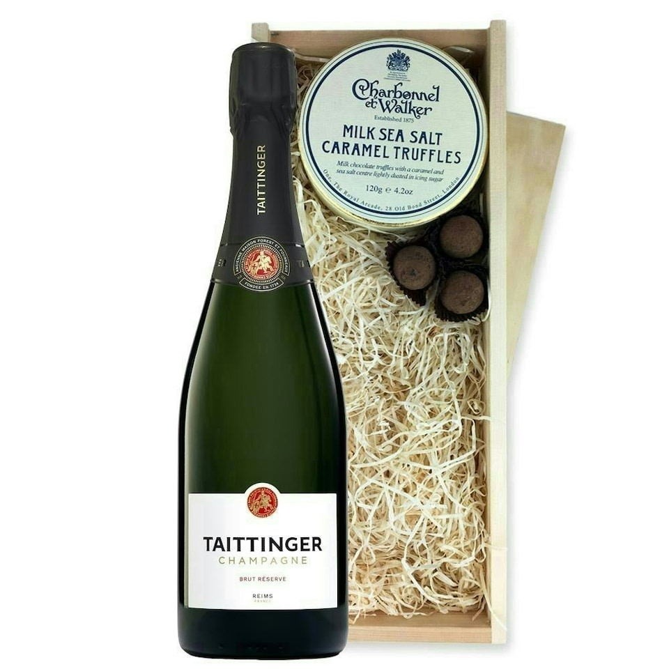 image 1 of Taittinger Brut Reserve Champagne And Milk Sea Salt Charbonnel Chocolates Box 75cl 12.5% abv