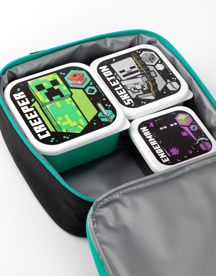 image 1 of Minecraft Lunch Bag | Kids Creeper Skeleton Enderman 5 Piece School Dinner Bag, BPA Free Water Bottle & 3 Snack Pots | Green Gamer Drink Food Containers