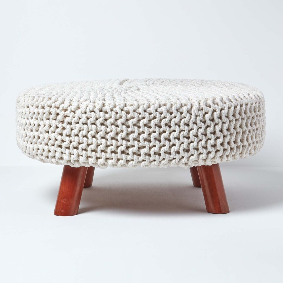 image 1 of Homescapes Natural Large Round Cotton Knitted Footstool on Legs | Cream | 62 x 62 x 30 cm