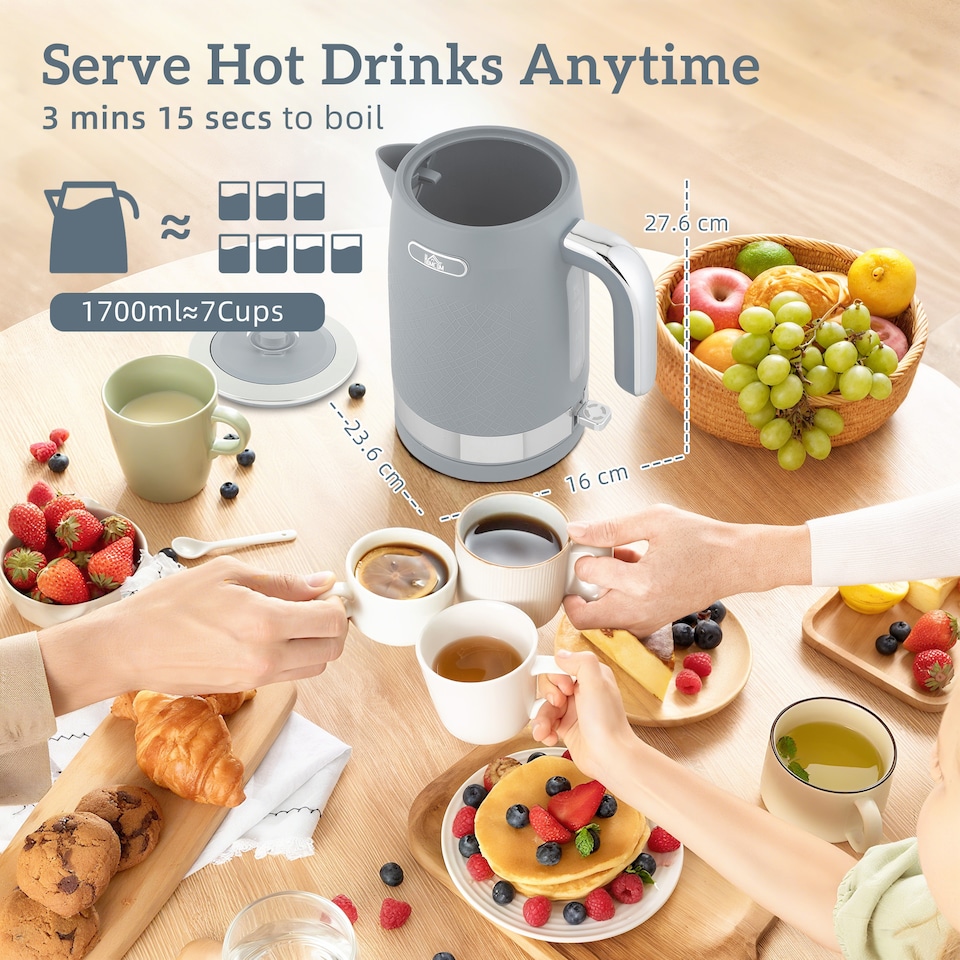 image 1 of HOMCOM Kettle and Toaster Set, 1.7L 3000W Rapid Boil Jug Kettle with Otter Thermostat, Limescale Filter, 4 Slice Toaster with 7 Browning Controls, Crumb Tray, Grey | Grey
