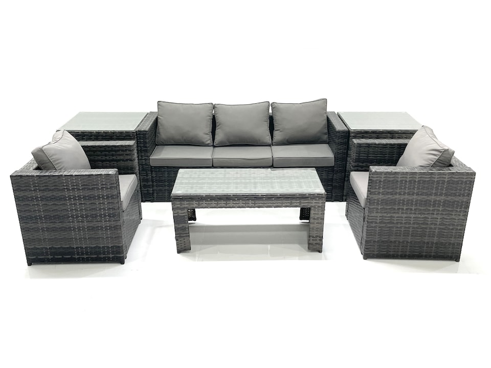 image 1 of Fimous Rattan Garden Furniture Set Outdoor Lounger Sofa with Coffee Table 2 Armchair 2 Side Tables Dark Grey Mixed