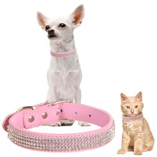 Trimming Shop Diamante Dog Collar, PU Leather Pet Collar, Dog Belt