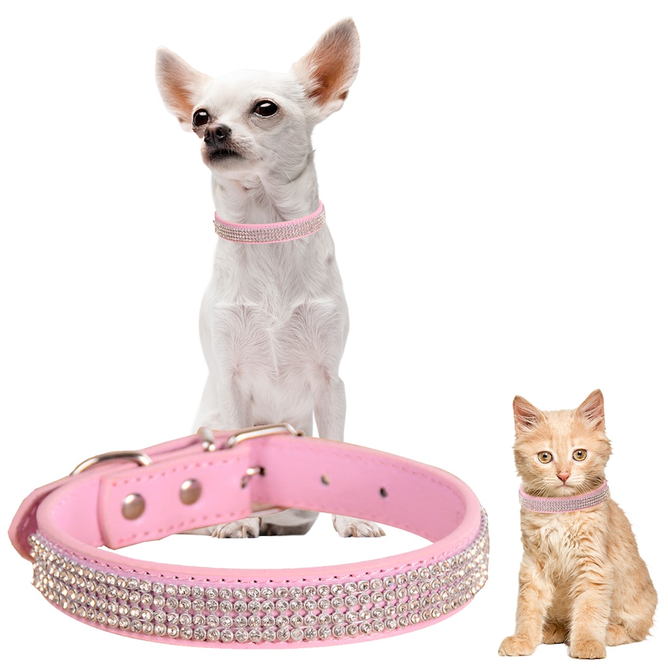 image 1 of Trimming Shop Diamante Dog Collar, PU Leather Pet Collar, Dog Belt