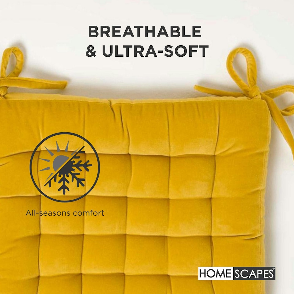 image 1 of Homescapes 4 x Seat Pads Luxury Cotton Velvet Indoor Outdoor Garden Dining Cushion | Yellow | 40 x 40 cm | 4