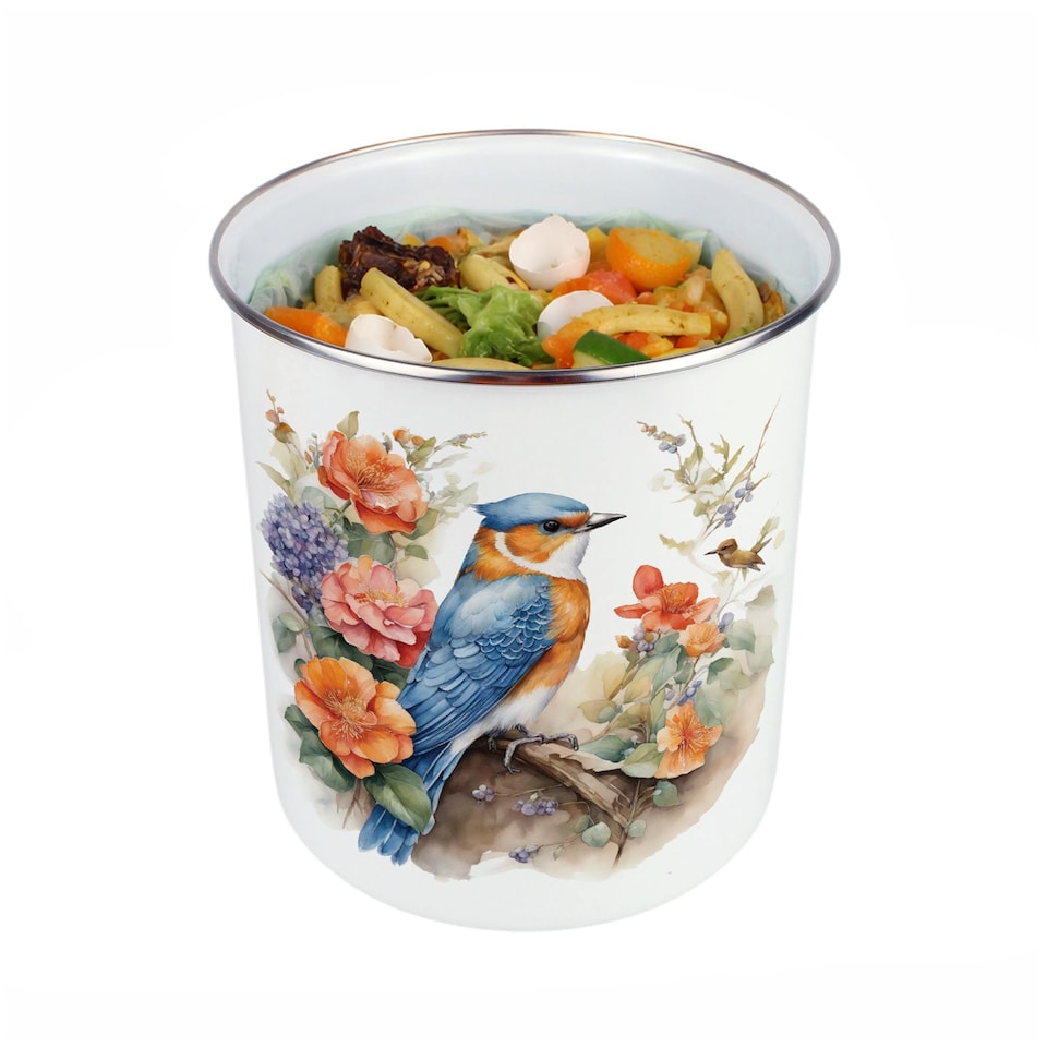image 1 of Blue & Orange Bird Food Waste Caddy - Metal 2L Decorative Kitchen Compost Bin