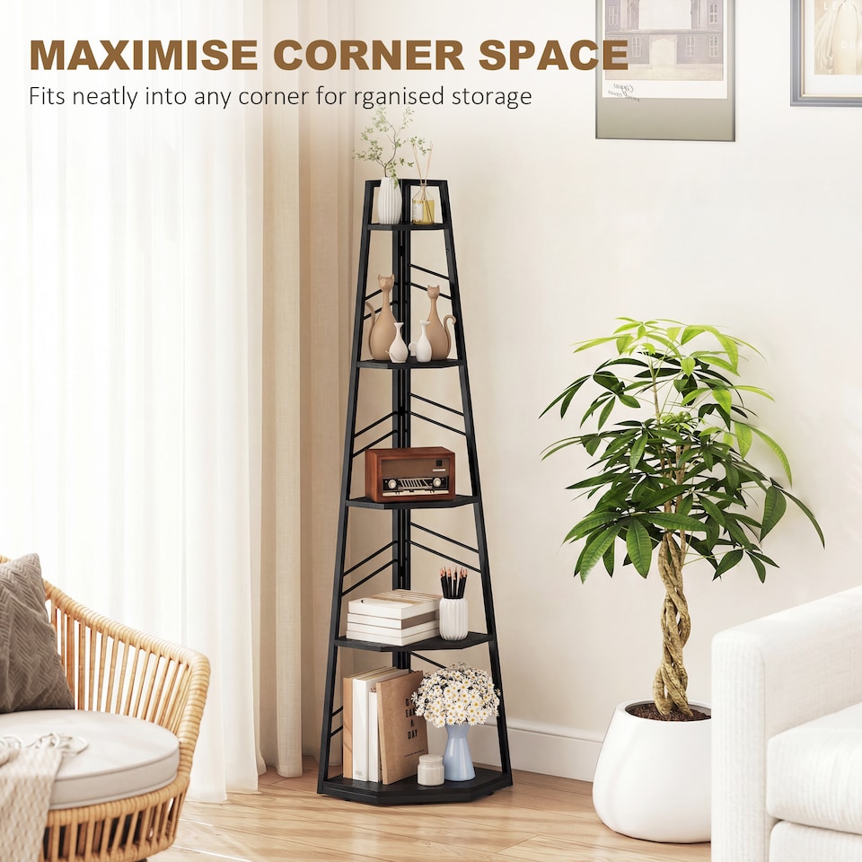 image 1 of HOMCOM 5-Tier Corner Bookcase, Floor Standing Shelving Unit | Black | Black | 36.5 x 36.5 x 159.5 cm