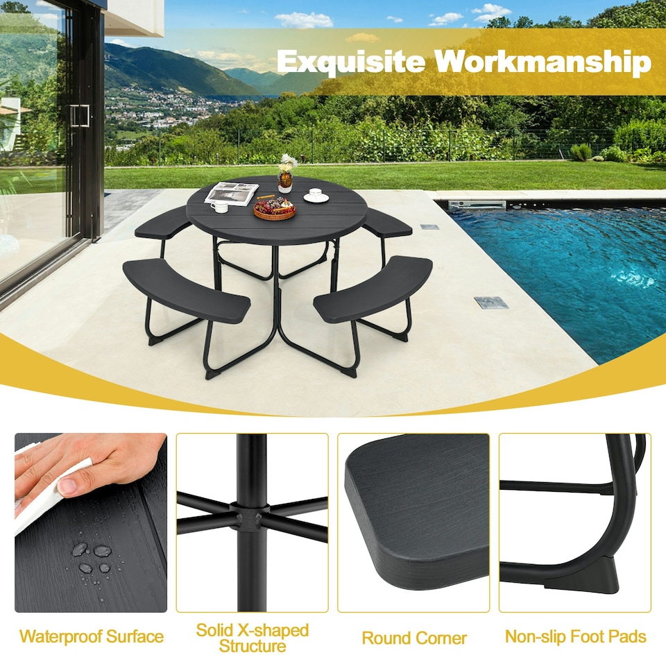 image 1 of COSTWAY 8 person Round Picnic Table Bench Set Picnic Table W/4 Benches