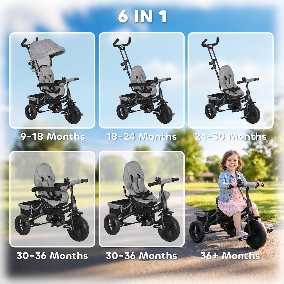 image 1 of HOMCOM 6 in 1 Kids Trike, Storage, Brake, Stroller with Parent Handle, Grey