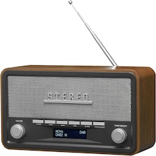Vintage Style Stereo DAB/DAB+ & FM Radio – Grey Wood Cabinet, Bluetooth, Clock Radio Alarm, AUX IN for Smart Phone/Tablet / MP3 Player – Mains or Battery