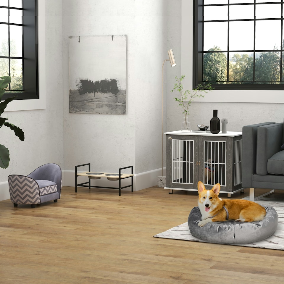 image 1 of PawHut Modern Dog Crate Pet Kennel Cage w/ Lockable Door - Grey & White
