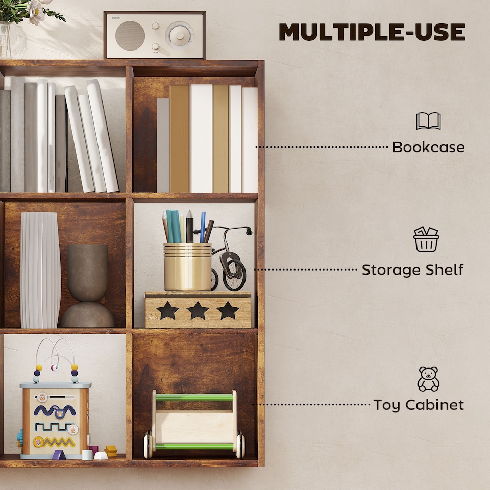 image 1 of HOMCOM 9 Cube Storage Cupboard Bookcase Bookshelf Home Office, Rustic Brown