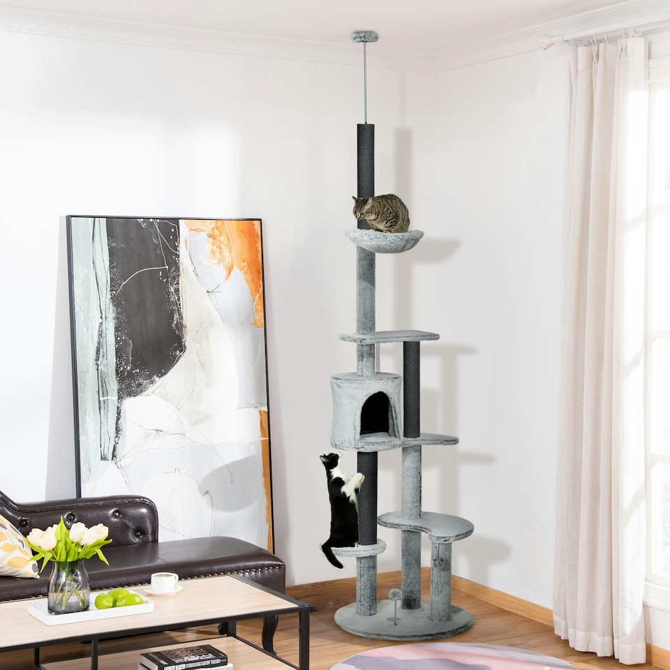 image 1 of PawHut Floor to Ceiling Cat Tree with Scratching Post Height Adjustable Grey