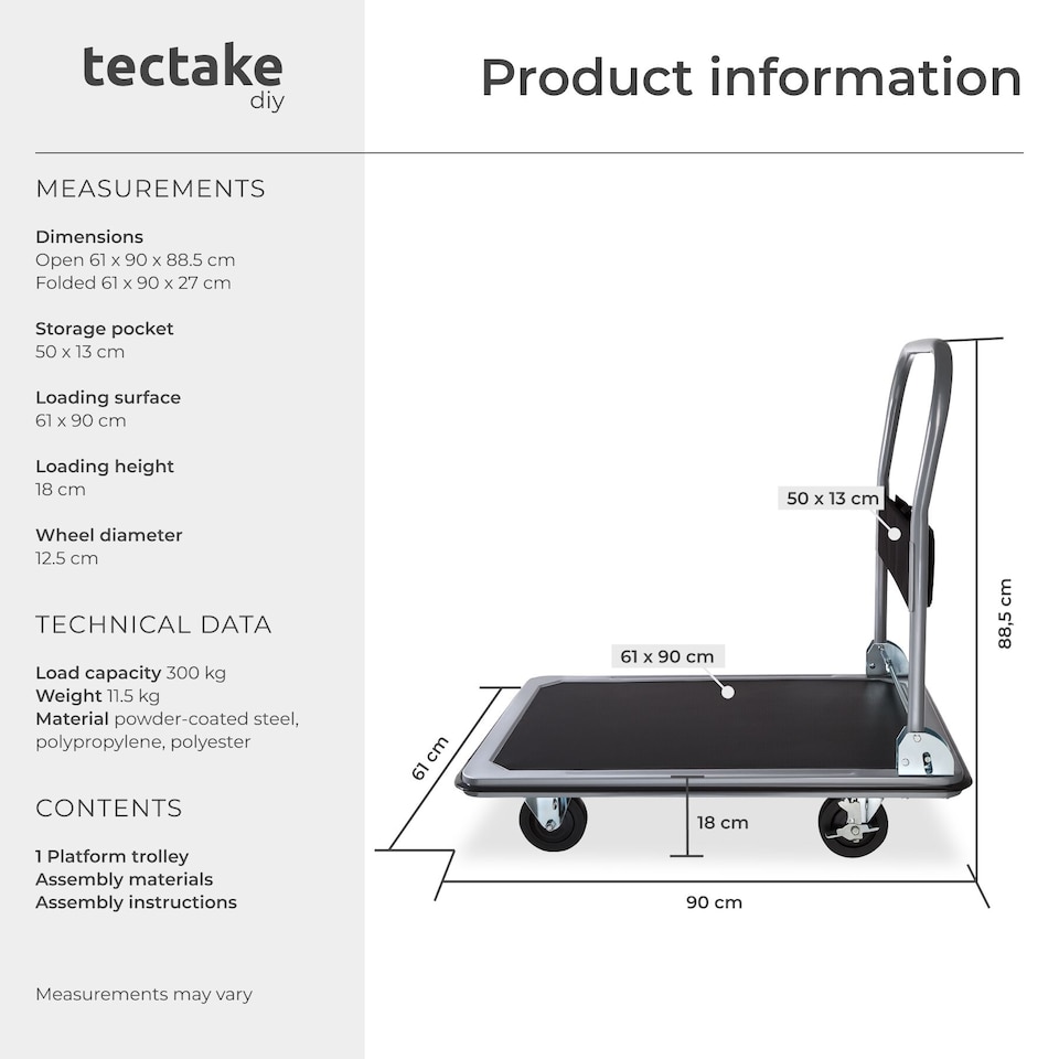 image 1 of Folding Trolley - foldable handle, 2 fixed, 2 swivel castors, rubberised edge protection | Black | black | 90 x 61 x 88,50 cm | 1