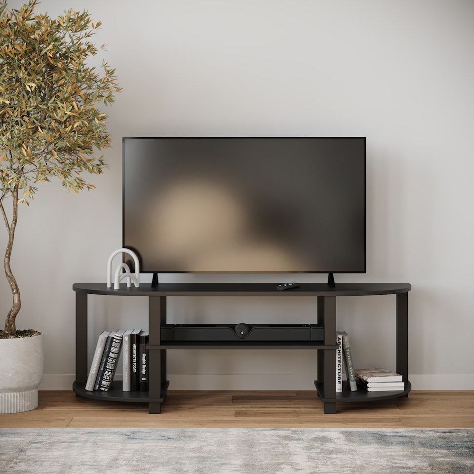 image 1 of URBNLIVING Wide TV Unit Stand S-Tube Entertainment Centre with Storage Shelf, Modern Living Room Cabinet | Black | Black | One Size | 1