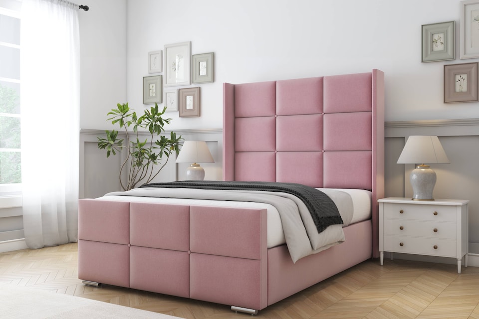 image 1 of Sloomy Beaumont Pink Plush Bed Frame With Mattress With 50"  Upholstered Wingback Headboard 4' Small Double