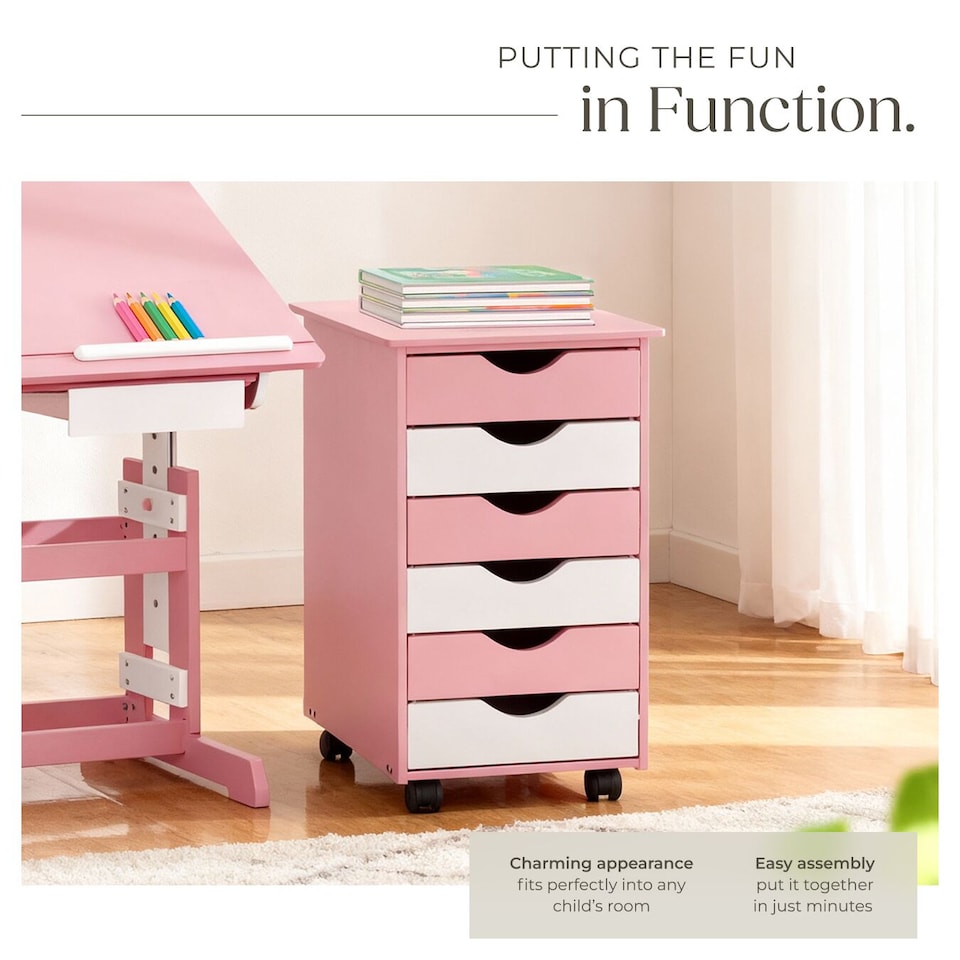 image 1 of Chest of Drawers, 6 Drawer Wooden Filing Cabinet with 4 Swivel Wheels | Pink | rose | 36 x 40 x 65 cm | 1